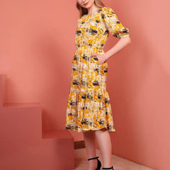 Yellow Printed Puff Sleeve Crepe Fit & Flare Midi Dress with Round Neck, Short Sleeves, Gathered Details, and Flared Hemline