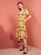 Yellow Printed Puff Sleeve Crepe Fit & Flare Midi Dress with Round Neck, Short Sleeves, Gathered Details, and Flared Hemline