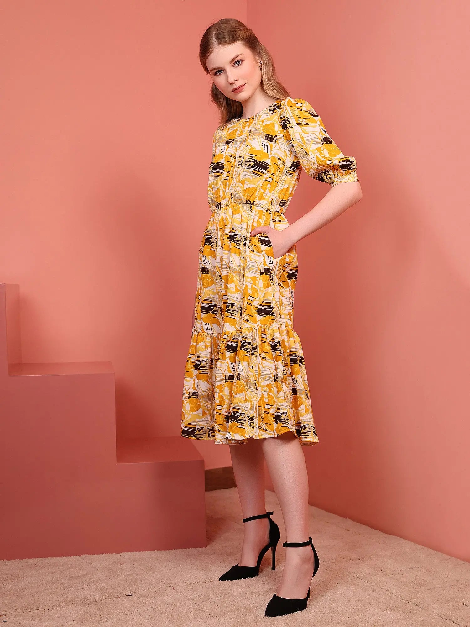 Yellow Printed Puff Sleeve Crepe Fit & Flare Midi Dress with Round Neck, Short Sleeves, Gathered Details, and Flared Hemline