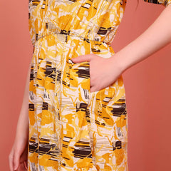 Yellow Printed Puff Sleeve Crepe Fit & Flare Midi Dress with Round Neck, Short Sleeves, Gathered Details, and Flared Hemline