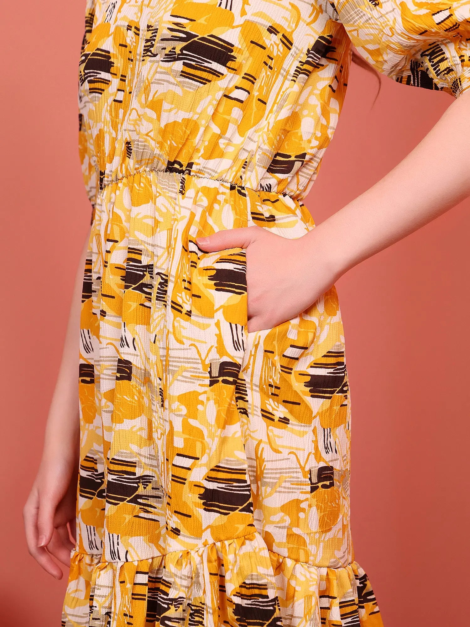 Yellow Printed Puff Sleeve Crepe Fit & Flare Midi Dress with Round Neck, Short Sleeves, Gathered Details, and Flared Hemline