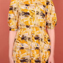Yellow Printed Puff Sleeve Crepe Fit & Flare Midi Dress with Round Neck, Short Sleeves, Gathered Details, and Flared Hemline