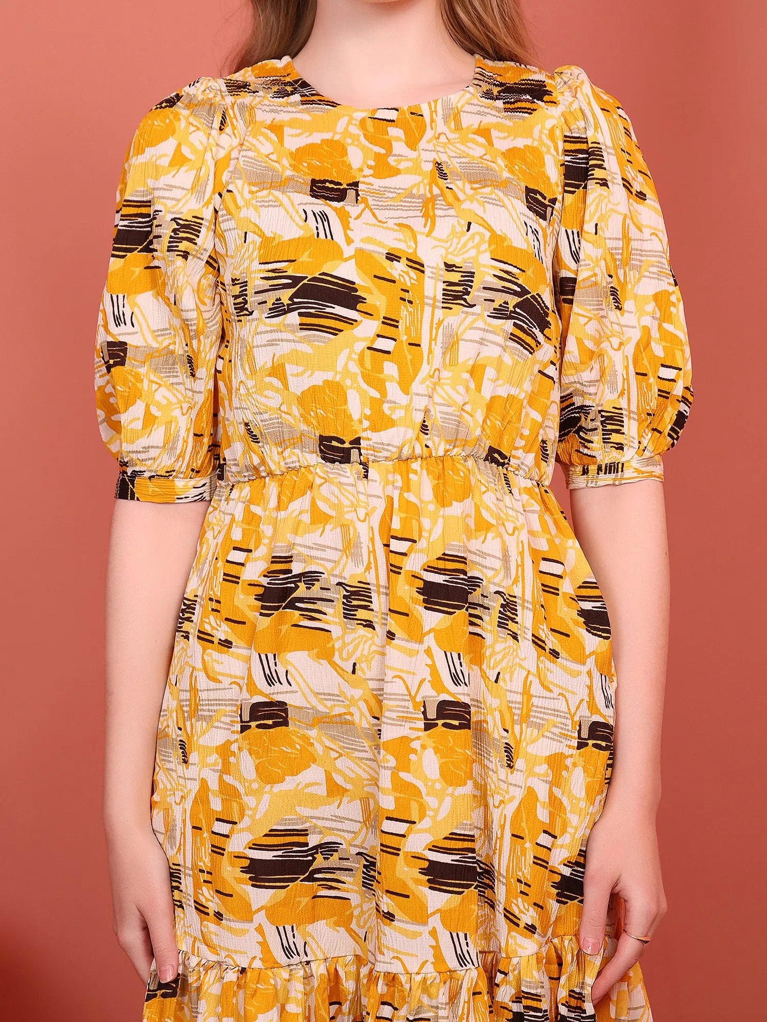 Yellow Printed Puff Sleeve Crepe Fit & Flare Midi Dress with Round Neck, Short Sleeves, Gathered Details, and Flared Hemline