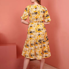 Yellow Printed Puff Sleeve Crepe Fit & Flare Midi Dress with Round Neck, Short Sleeves, Gathered Details, and Flared Hemline