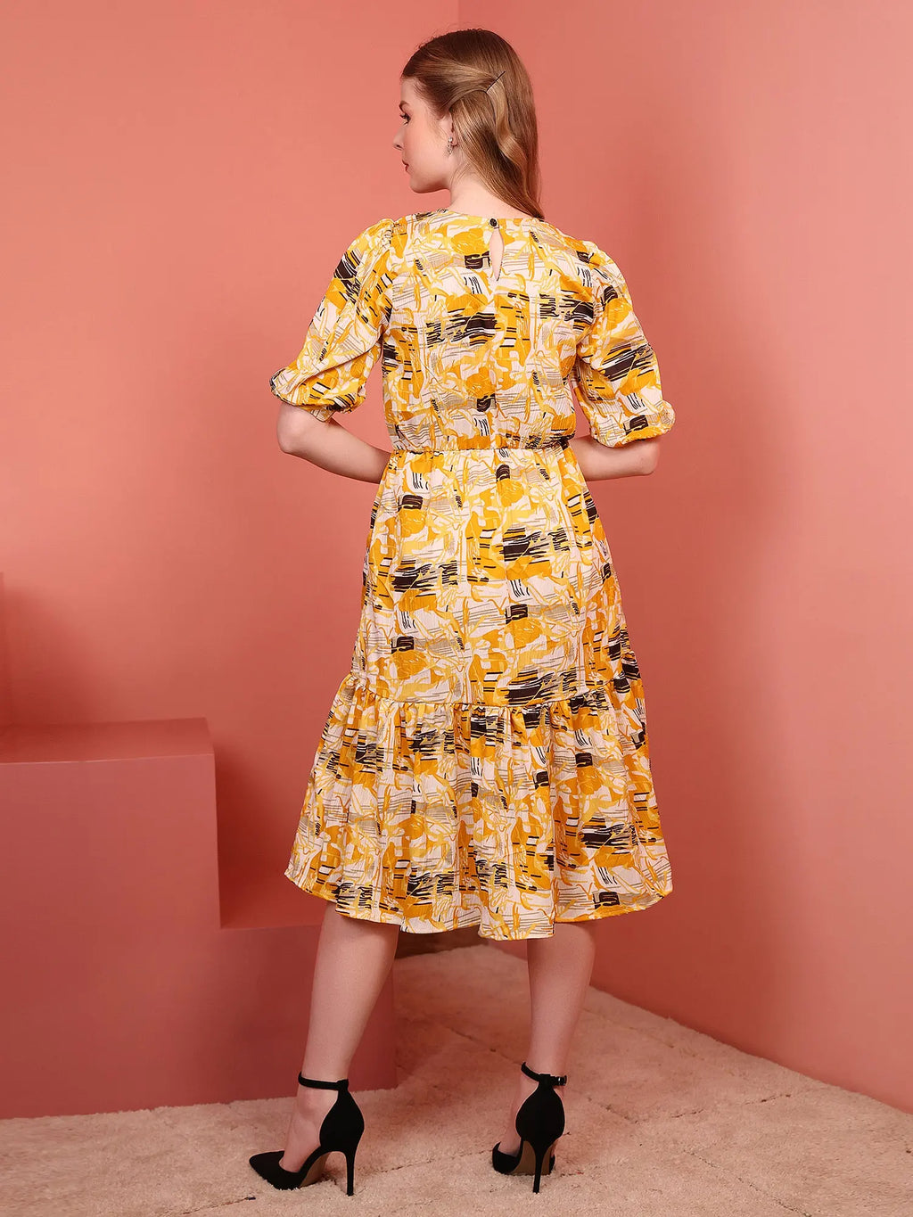 Yellow Printed Puff Sleeve Crepe Fit & Flare Midi Dress with Round Neck, Short Sleeves, Gathered Details, and Flared Hemline