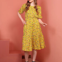 Mustard Printed Puff Sleeve Crepe Fit & Flare Midi Dress with Round Neck, Short Sleeves, Gathered Details, and Flared Hemline