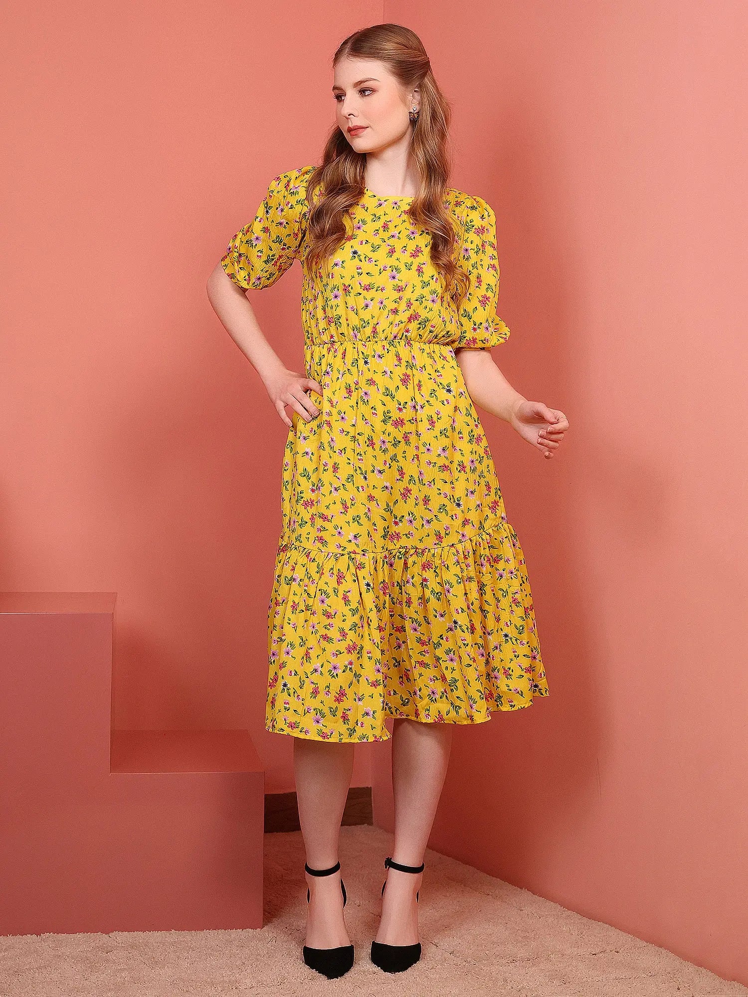 Mustard Printed Puff Sleeve Crepe Fit & Flare Midi Dress with Round Neck, Short Sleeves, Gathered Details, and Flared Hemline Main image