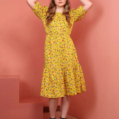 Mustard Printed Puff Sleeve Crepe Fit & Flare Midi Dress with Round Neck, Short Sleeves, Gathered Details, and Flared Hemline