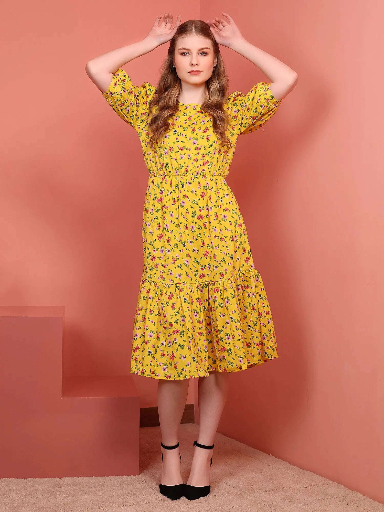 Mustard Printed Puff Sleeve Crepe Fit & Flare Midi Dress with Round Neck, Short Sleeves, Gathered Details, and Flared Hemline