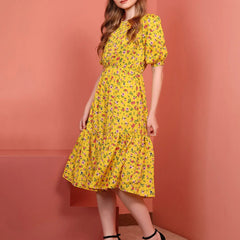 Mustard Printed Puff Sleeve Crepe Fit & Flare Midi Dress with Round Neck, Short Sleeves, Gathered Details, and Flared Hemline