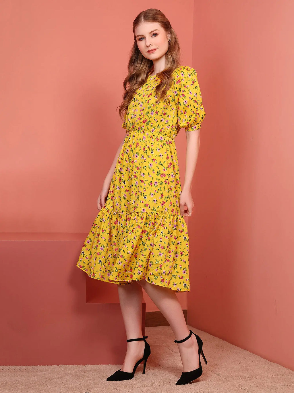 Mustard Printed Puff Sleeve Crepe Fit & Flare Midi Dress with Round Neck, Short Sleeves, Gathered Details, and Flared Hemline