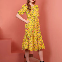 Mustard Printed Puff Sleeve Crepe Fit & Flare Midi Dress with Round Neck, Short Sleeves, Gathered Details, and Flared Hemline