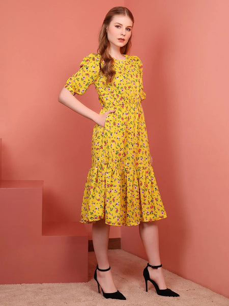 Mustard Printed Puff Sleeve Crepe Fit & Flare Midi Dress with Round Neck, Short Sleeves, Gathered Details, and Flared Hemline