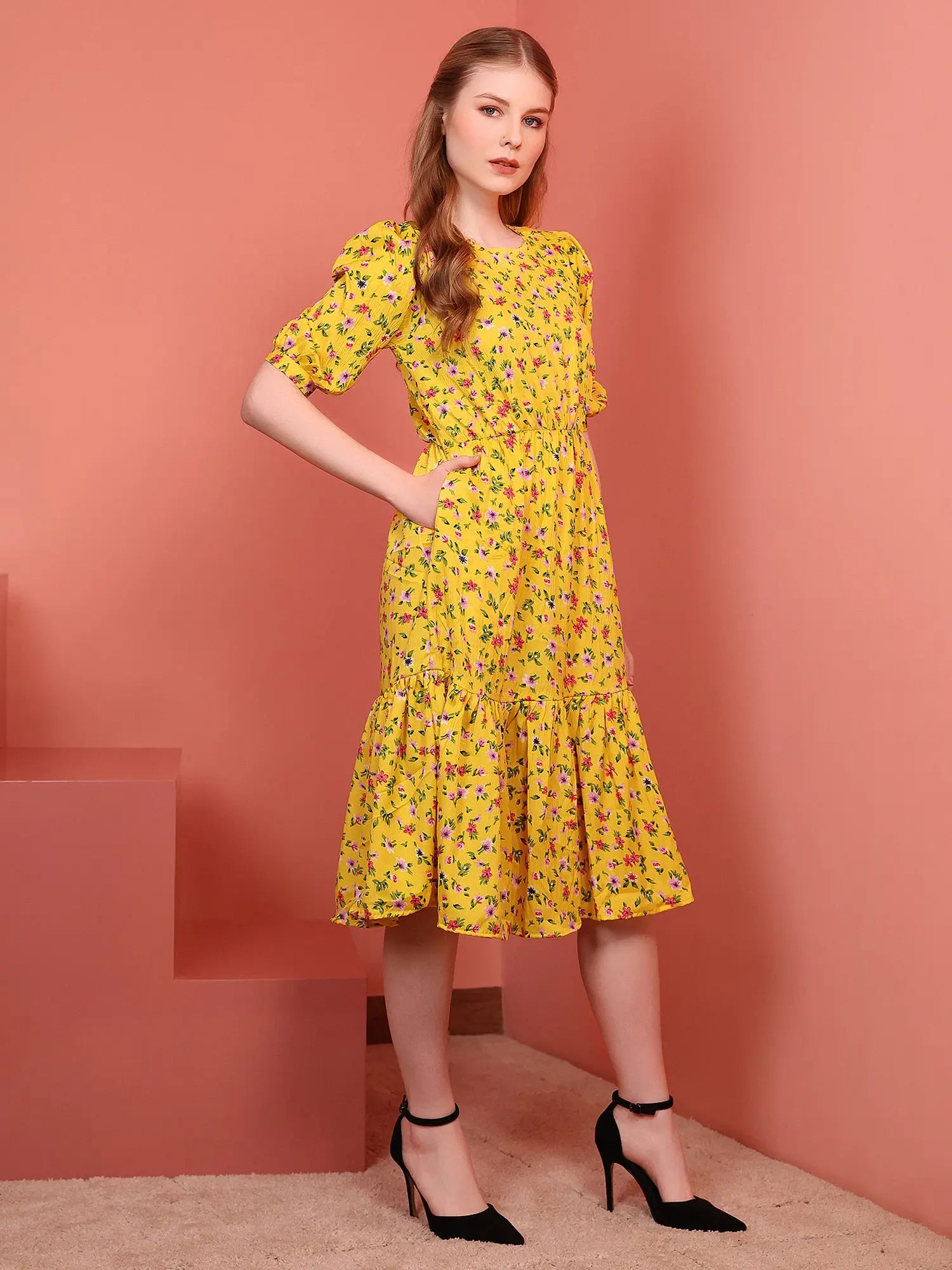 Mustard Printed Puff Sleeve Crepe Fit & Flare Midi Dress with Round Neck, Short Sleeves, Gathered Details, and Flared Hemline