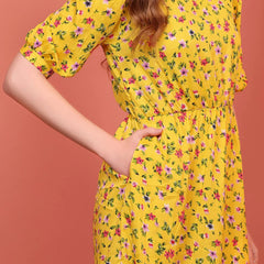 Mustard Printed Puff Sleeve Crepe Fit & Flare Midi Dress with Round Neck, Short Sleeves, Gathered Details, and Flared Hemline