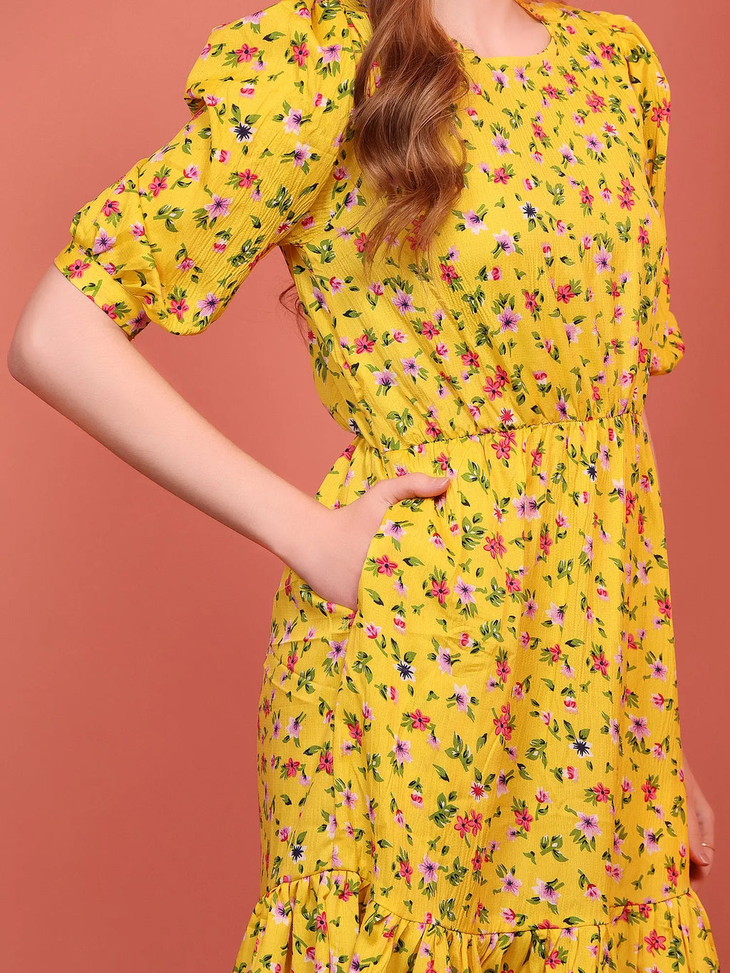 Mustard Printed Puff Sleeve Crepe Fit & Flare Midi Dress with Round Neck, Short Sleeves, Gathered Details, and Flared Hemline