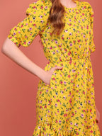 Mustard Printed Puff Sleeve Crepe Fit & Flare Midi Dress with Round Neck, Short Sleeves, Gathered Details, and Flared Hemline