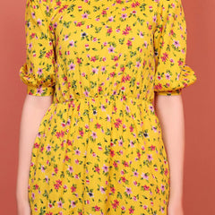 Mustard Printed Puff Sleeve Crepe Fit & Flare Midi Dress with Round Neck, Short Sleeves, Gathered Details, and Flared Hemline