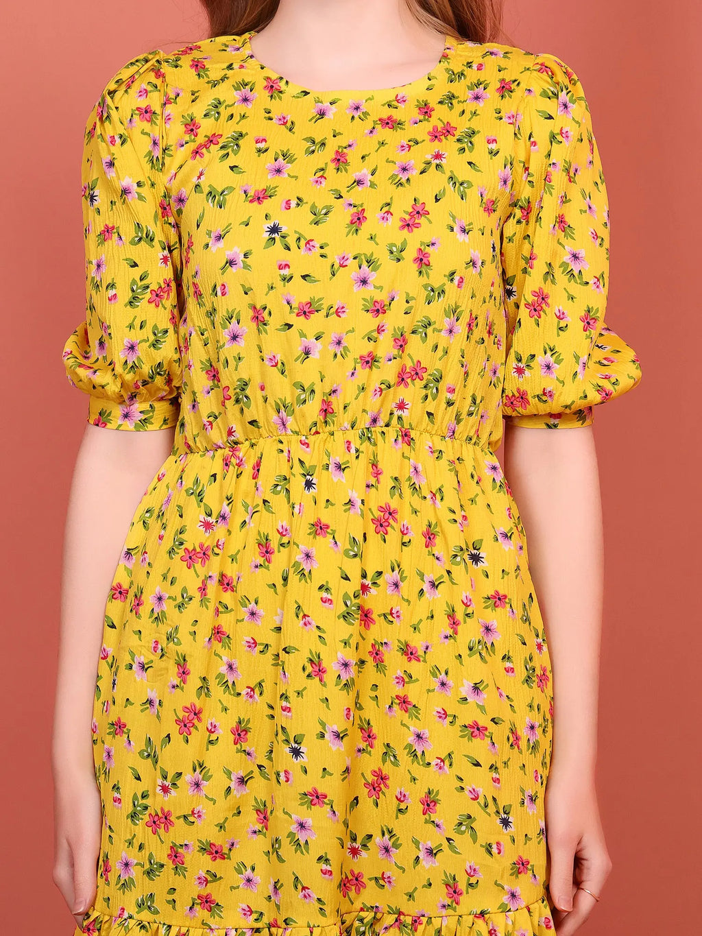 Mustard Printed Puff Sleeve Crepe Fit & Flare Midi Dress with Round Neck, Short Sleeves, Gathered Details, and Flared Hemline