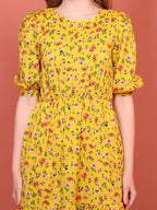 Mustard Printed Puff Sleeve Crepe Fit & Flare Midi Dress with Round Neck, Short Sleeves, Gathered Details, and Flared Hemline