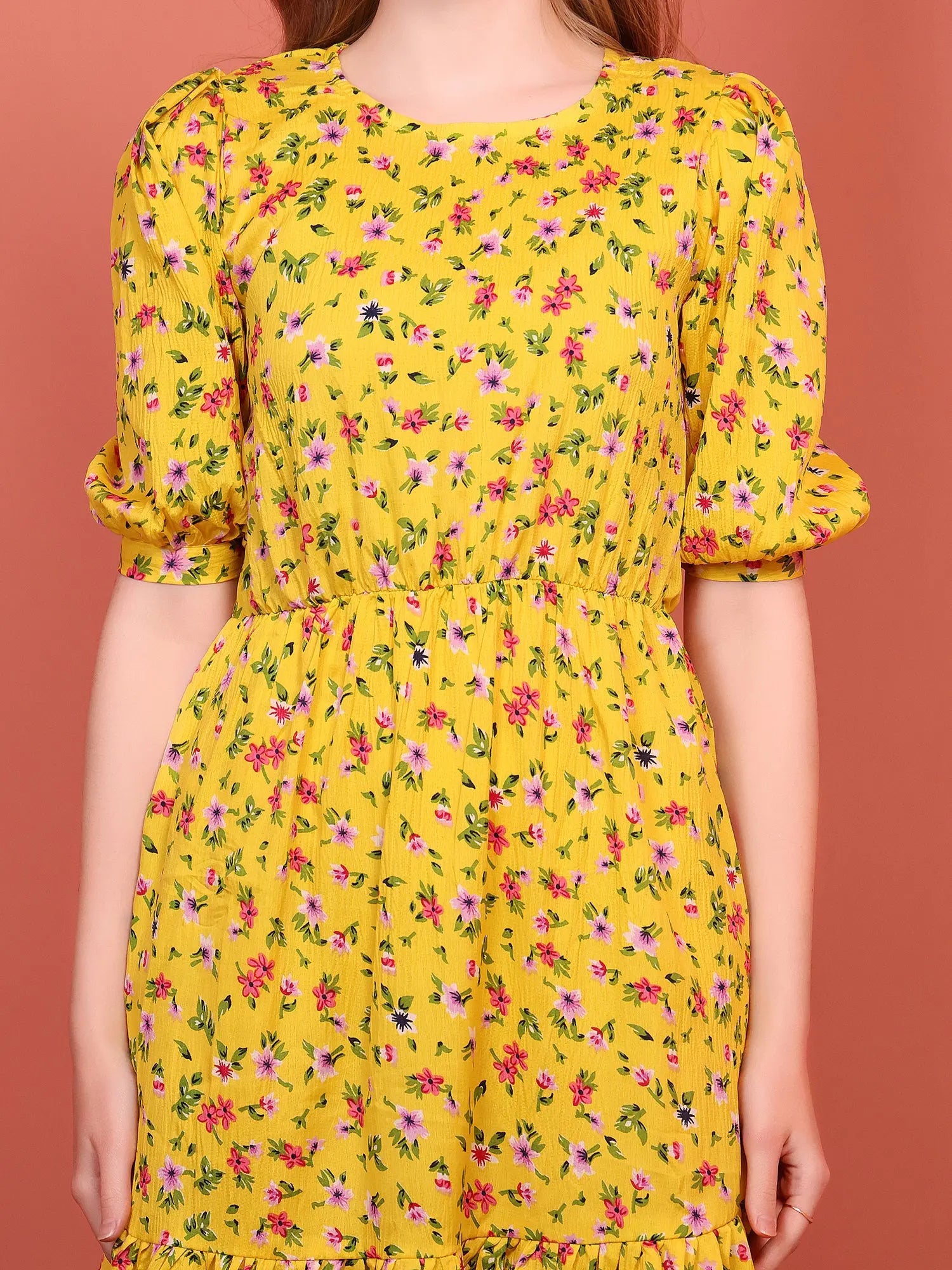 Mustard Printed Puff Sleeve Crepe Fit & Flare Midi Dress with Round Neck, Short Sleeves, Gathered Details, and Flared Hemline