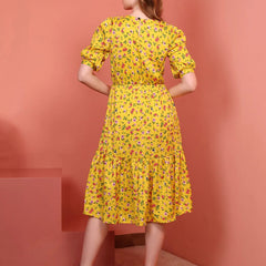 Mustard Printed Puff Sleeve Crepe Fit & Flare Midi Dress with Round Neck, Short Sleeves, Gathered Details, and Flared Hemline