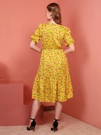 Mustard Printed Puff Sleeve Crepe Fit & Flare Midi Dress with Round Neck, Short Sleeves, Gathered Details, and Flared Hemline