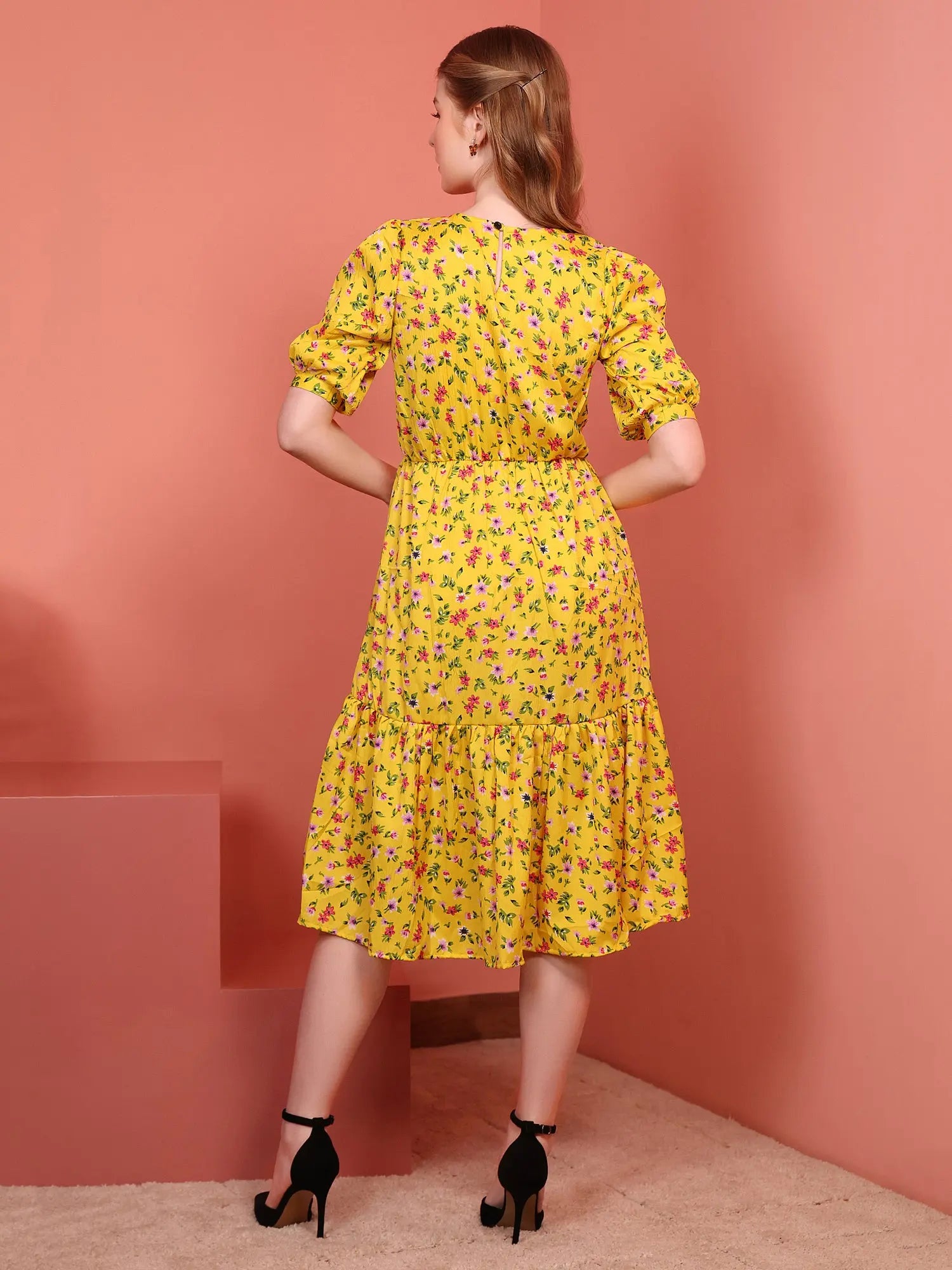 Mustard Printed Puff Sleeve Crepe Fit & Flare Midi Dress with Round Neck, Short Sleeves, Gathered Details, and Flared Hemline