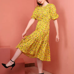 Mustard Printed Puff Sleeve Crepe Fit & Flare Midi Dress with Round Neck, Short Sleeves, Gathered Details, and Flared Hemline