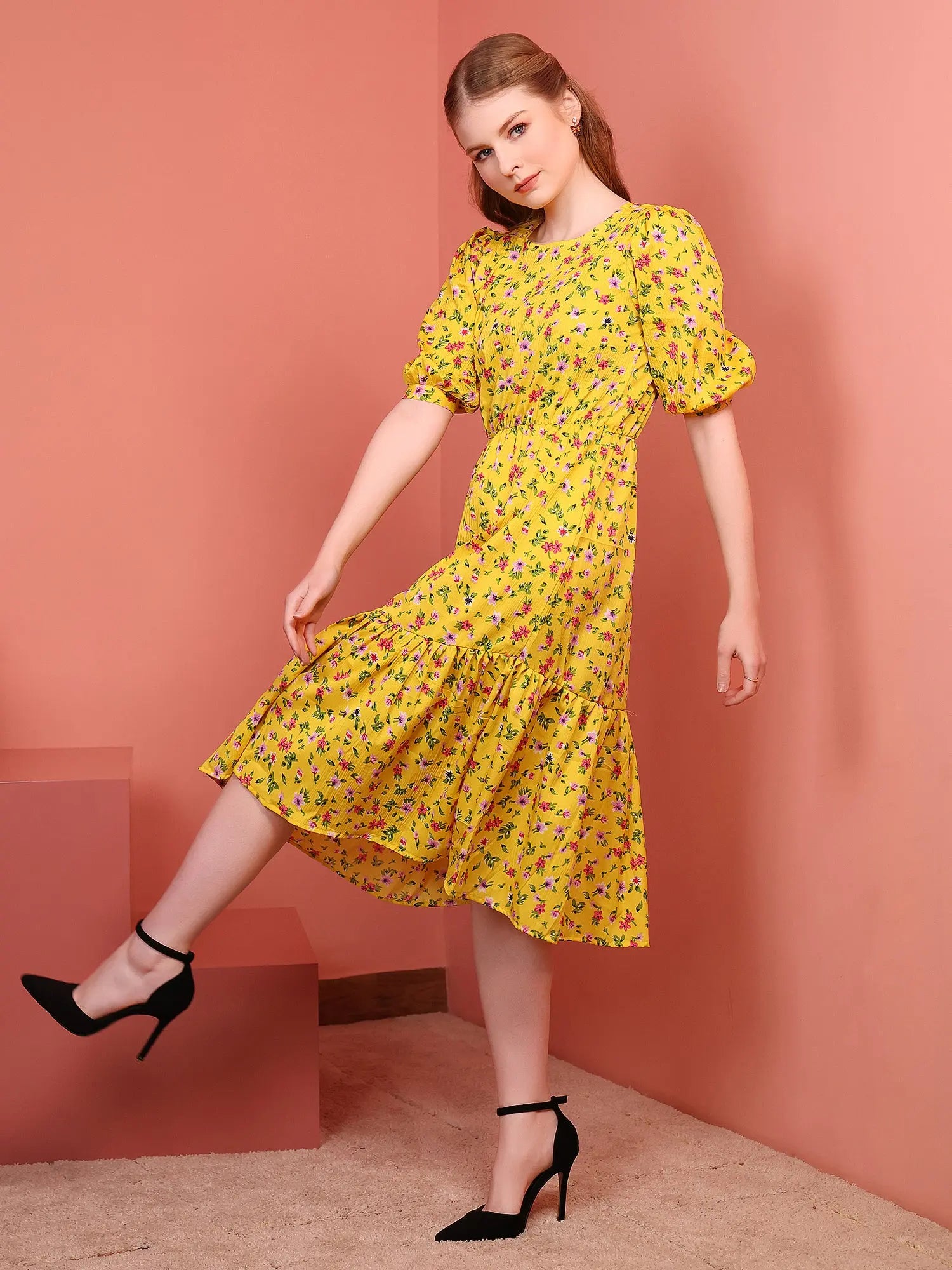 Mustard Printed Puff Sleeve Crepe Fit & Flare Midi Dress with Round Neck, Short Sleeves, Gathered Details, and Flared Hemline