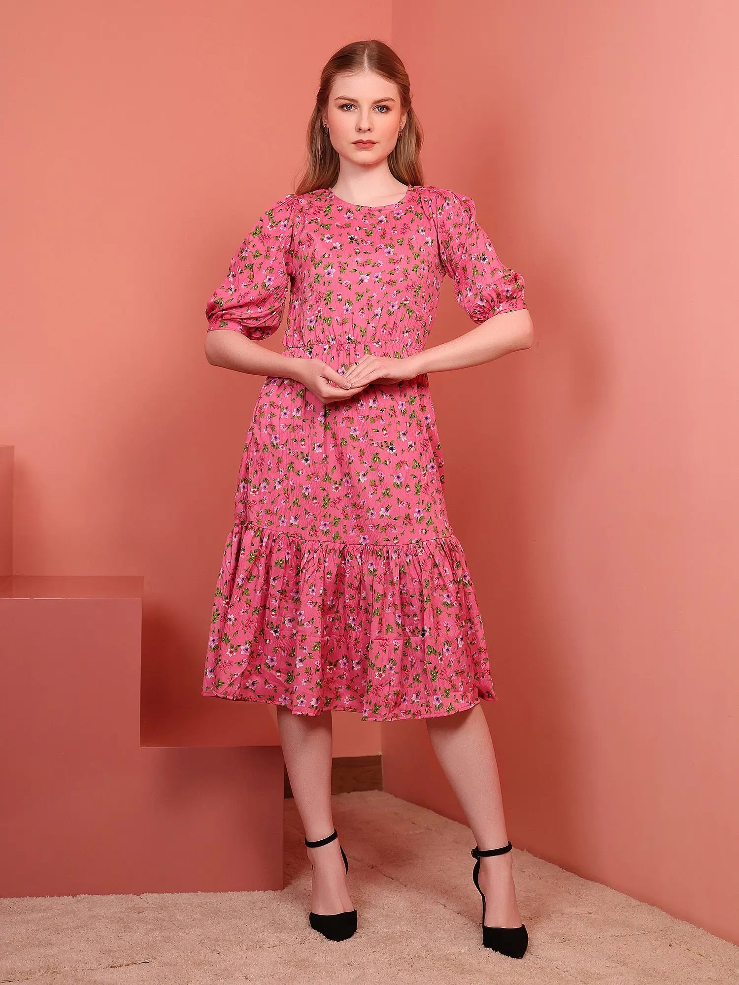 Pink Printed Puff Sleeve Crepe Fit & Flare Midi Dress with Round Neck, Short Sleeves, Gathered Details, and Flared Hemline Main image