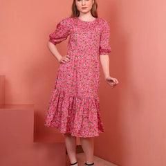Pink Printed Puff Sleeve Crepe Fit & Flare Midi Dress with Round Neck, Short Sleeves, Gathered Details, and Flared Hemline