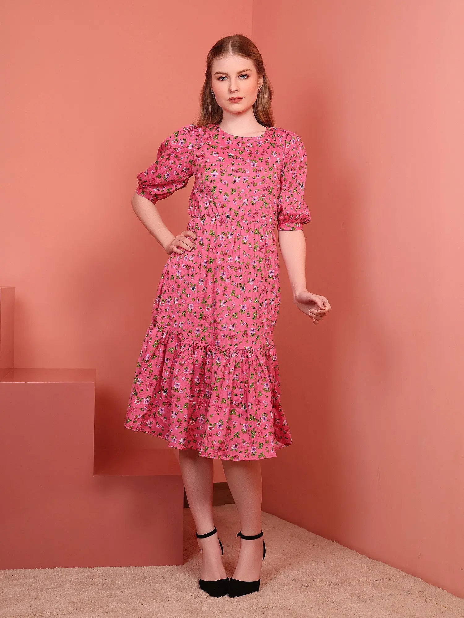 Pink Printed Puff Sleeve Crepe Fit & Flare Midi Dress with Round Neck, Short Sleeves, Gathered Details, and Flared Hemline Secondary image