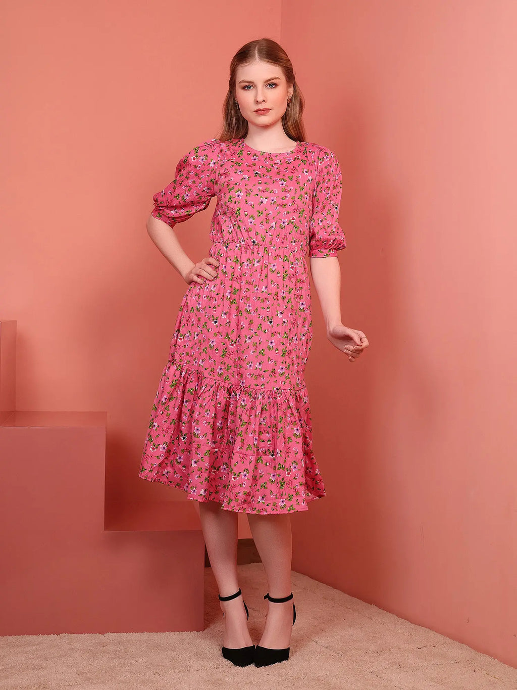 Pink Printed Puff Sleeve Crepe Fit & Flare Midi Dress with Round Neck, Short Sleeves, Gathered Details, and Flared Hemline