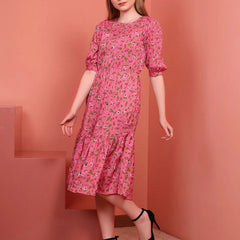 Pink Printed Puff Sleeve Crepe Fit & Flare Midi Dress with Round Neck, Short Sleeves, Gathered Details, and Flared Hemline