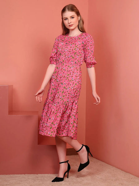 Pink Printed Puff Sleeve Crepe Fit & Flare Midi Dress with Round Neck, Short Sleeves, Gathered Details, and Flared Hemline