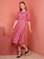 Pink Printed Puff Sleeve Crepe Fit & Flare Midi Dress with Round Neck, Short Sleeves, Gathered Details, and Flared Hemline