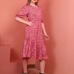 Pink Printed Puff Sleeve Crepe Fit & Flare Midi Dress with Round Neck, Short Sleeves, Gathered Details, and Flared Hemline