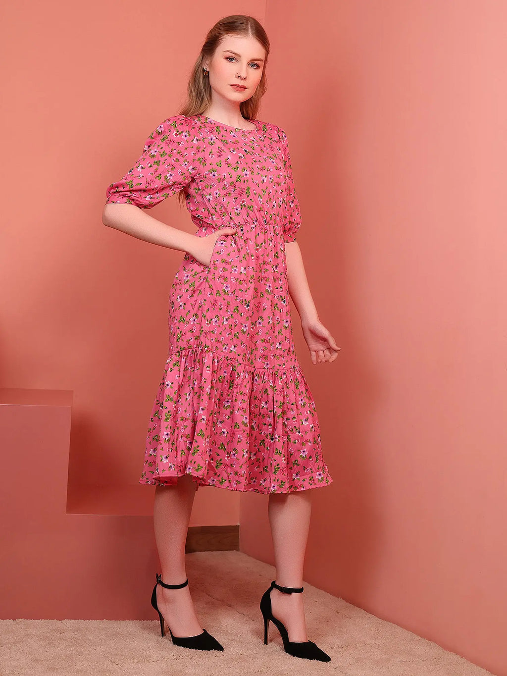 Pink Printed Puff Sleeve Crepe Fit & Flare Midi Dress with Round Neck, Short Sleeves, Gathered Details, and Flared Hemline