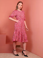 Pink Printed Puff Sleeve Crepe Fit & Flare Midi Dress with Round Neck, Short Sleeves, Gathered Details, and Flared Hemline