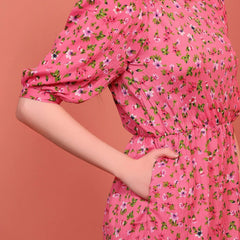 Pink Printed Puff Sleeve Crepe Fit & Flare Midi Dress with Round Neck, Short Sleeves, Gathered Details, and Flared Hemline