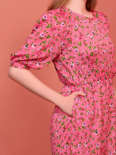 Pink Printed Puff Sleeve Crepe Fit & Flare Midi Dress with Round Neck, Short Sleeves, Gathered Details, and Flared Hemline