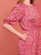 Pink Printed Puff Sleeve Crepe Fit & Flare Midi Dress with Round Neck, Short Sleeves, Gathered Details, and Flared Hemline