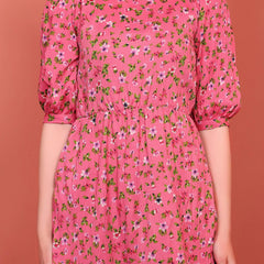 Pink Printed Puff Sleeve Crepe Fit & Flare Midi Dress with Round Neck, Short Sleeves, Gathered Details, and Flared Hemline