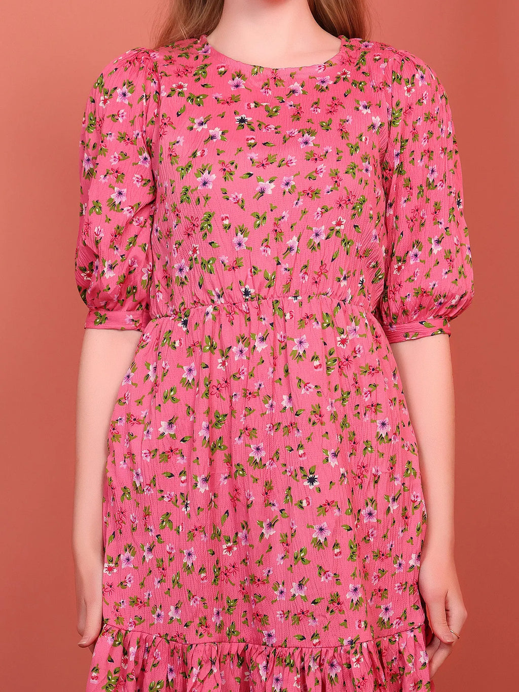 Pink Printed Puff Sleeve Crepe Fit & Flare Midi Dress with Round Neck, Short Sleeves, Gathered Details, and Flared Hemline