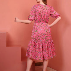 Pink Printed Puff Sleeve Crepe Fit & Flare Midi Dress with Round Neck, Short Sleeves, Gathered Details, and Flared Hemline