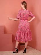 Pink Printed Puff Sleeve Crepe Fit & Flare Midi Dress with Round Neck, Short Sleeves, Gathered Details, and Flared Hemline