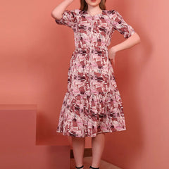 Onion Printed Puff Sleeve Crepe Fit & Flare Midi Dress with Round Neck, Short Sleeves, Gathered Details, and Flared Hemline