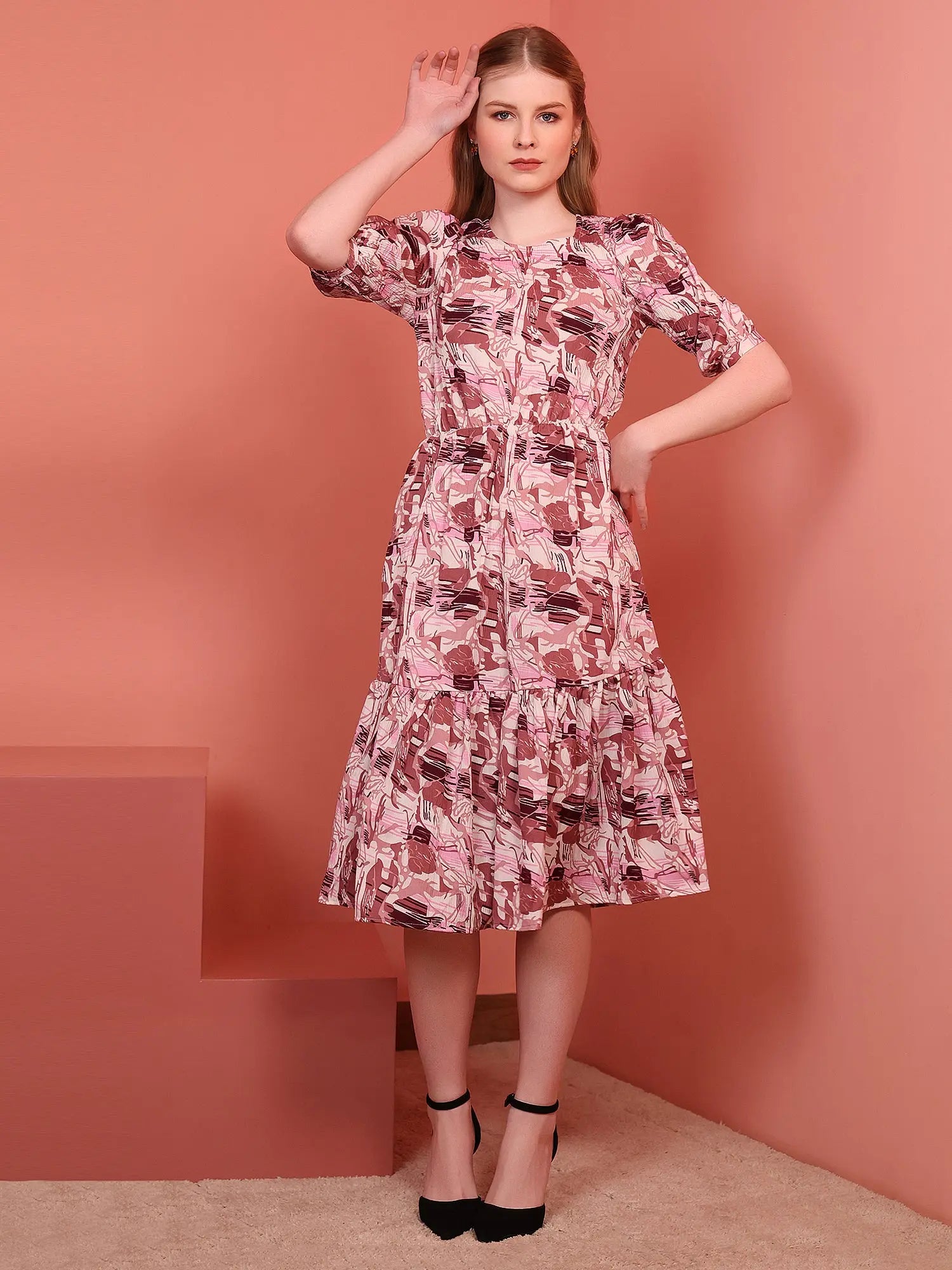 Onion Printed Puff Sleeve Crepe Fit & Flare Midi Dress with Round Neck, Short Sleeves, Gathered Details, and Flared Hemline Main image