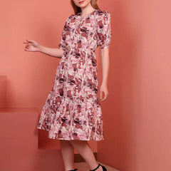 Onion Printed Puff Sleeve Crepe Fit & Flare Midi Dress with Round Neck, Short Sleeves, Gathered Details, and Flared Hemline